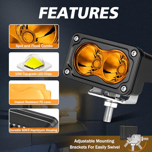 Rfroad Lighting Amber LED Pods, 3 Inch 40W Fog Lights Spot Beam Chase Light Small LED Pods Lights Auxilary Light for Motorcycle Truck UTV SUV ATV Dirt Bike Boat-2 Packs - Image 5