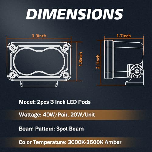 Rfroad Lighting Amber LED Pods, 3 Inch 40W Fog Lights Spot Beam Chase Light Small LED Pods Lights Auxilary Light for Motorcycle Truck UTV SUV ATV Dirt Bike Boat-2 Packs - Image 2