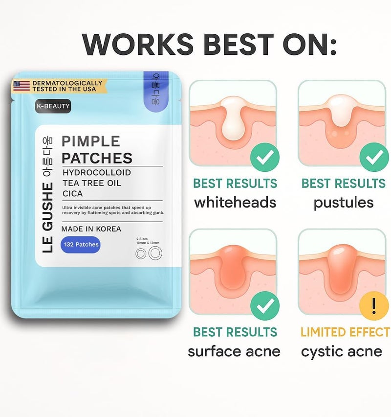LE GUSHE K-BEAUTY Pimple Patches for Face (132 dots) - Hydrocolloid Acne Patch for Zits and Blemishes - Invisible Blemish Patches | Spot Cover Stickers for Glowing Skin | Korean Skin Care - Image 5