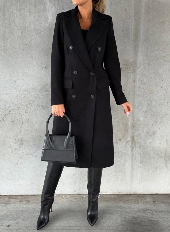IDEALSANXUN Black Trench Coats for Women Fall Fashion Outfits 2023 Midi Length Double Breasted Wool Coat Peacoat Warm Jacket Ladies Winter Coats, Black, S - Image 3