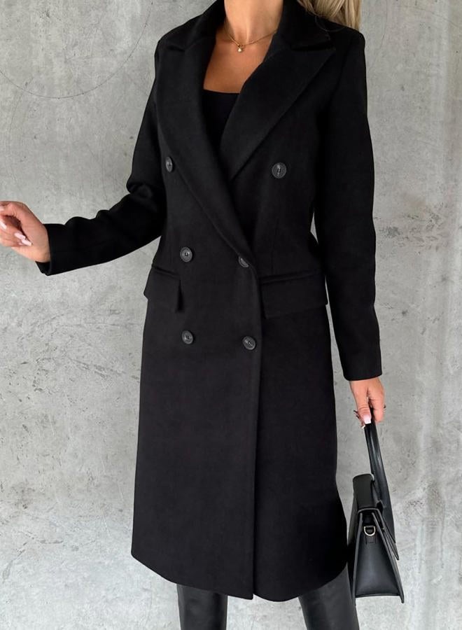 IDEALSANXUN Black Trench Coats for Women Fall Fashion Outfits 2023 Midi Length Double Breasted Wool Coat Peacoat Warm Jacket Ladies Winter Coats, Black, S - Image 2