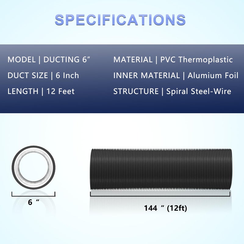 FICBXRA Flexible 6 Inch Aluminum Ducting -4 Layer Protection Dryer Vent Hose for HVAC Heating Cooling Ventilation and Exhaust, 2 Clamps Included - Image 3