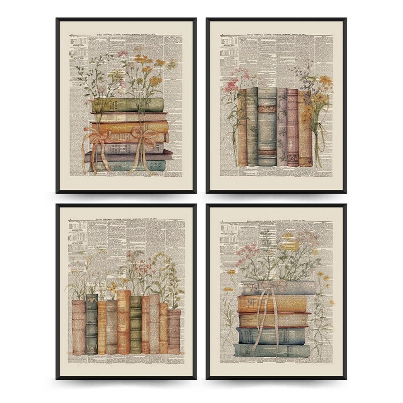 PLKMN Book Poster Vintage Wall Decor, Library Bookish Club Gifts, Book Room Decor Aesthetic 4 Pcs, Bookish Posters for Women Girls, Floral Wildflower Wall Art Decor for Home Bedroom Party Classroom 8x10 Unframed - Image 1