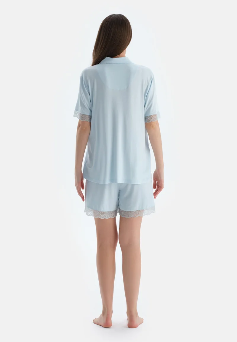 dagi Mid Rise Blue Spread Collar Viscose Blend Shirt & Shorts Nightwear Set