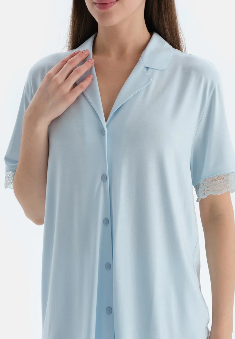 dagi Mid Rise Blue Spread Collar Viscose Blend Shirt & Shorts Nightwear Set