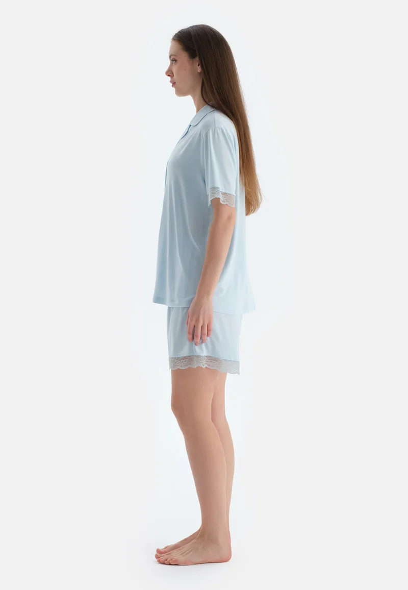 dagi Mid Rise Blue Spread Collar Viscose Blend Shirt & Shorts Nightwear Set