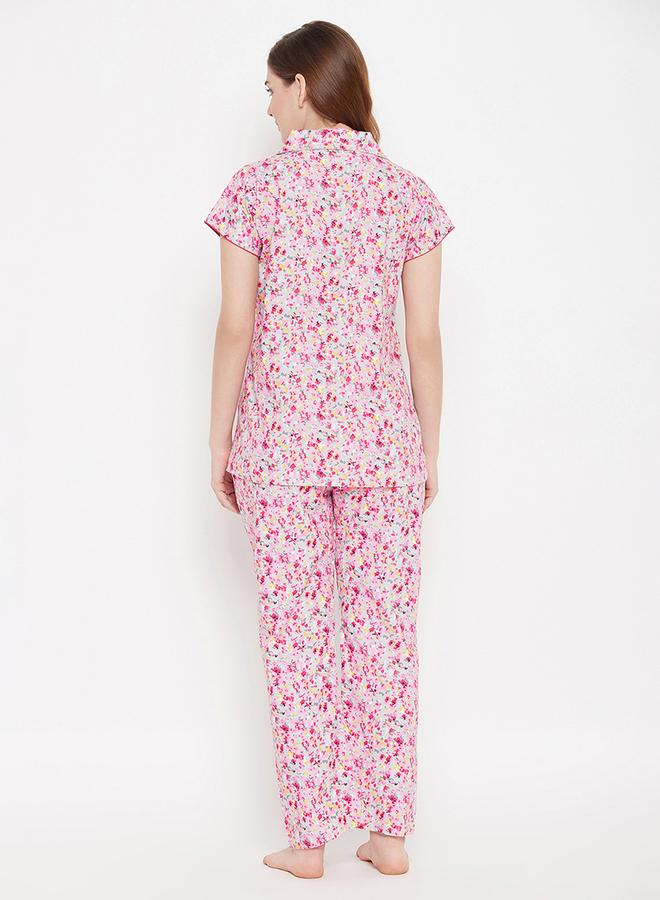 Clovia Cotton Floral Print Button Down Shirt and Pyjama Set - Image 5