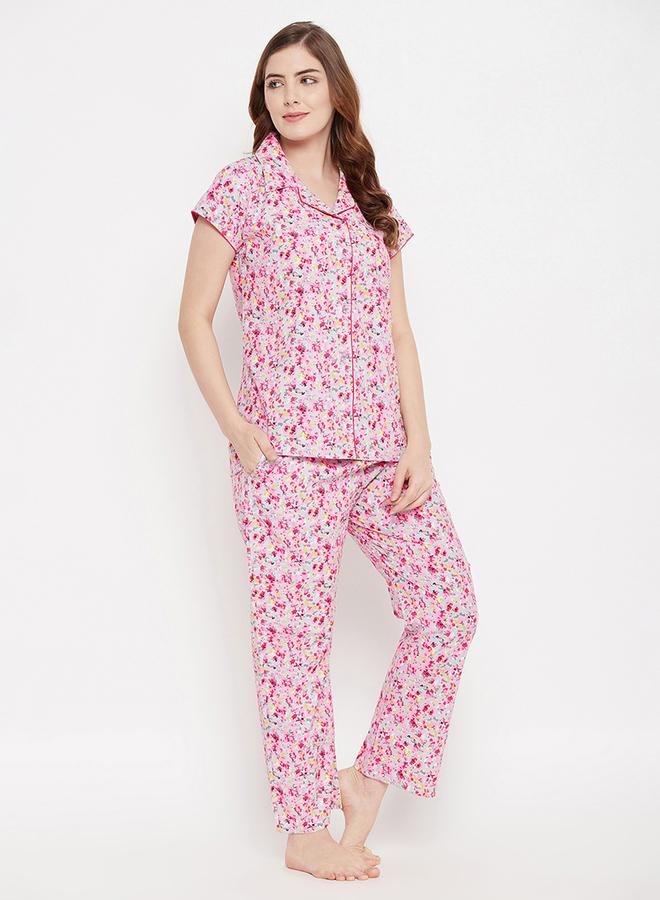 Clovia Cotton Floral Print Button Down Shirt and Pyjama Set - Image 4