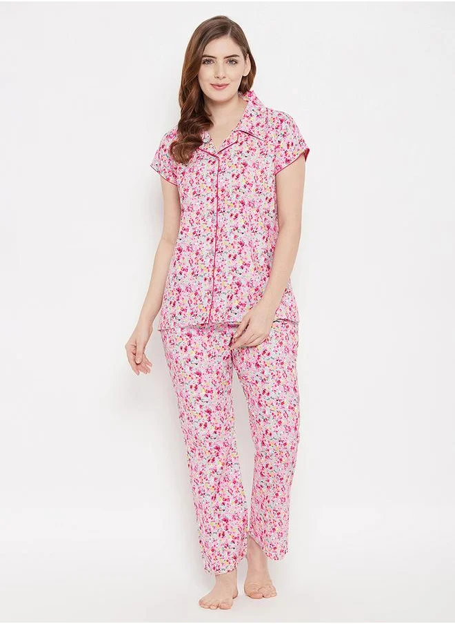 Clovia Clovia Cotton Floral Print Button Down Shirt and Pyjama Set