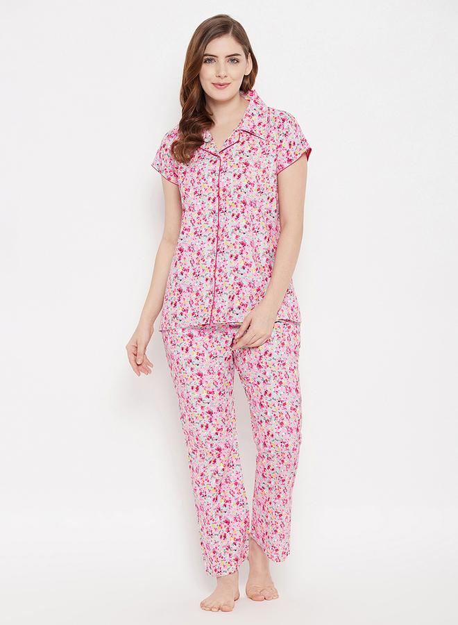 Clovia Cotton Floral Print Button Down Shirt and Pyjama Set - Image 1