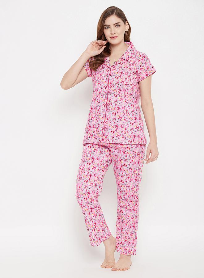 Clovia Cotton Floral Print Button Down Shirt and Pyjama Set - Image 3