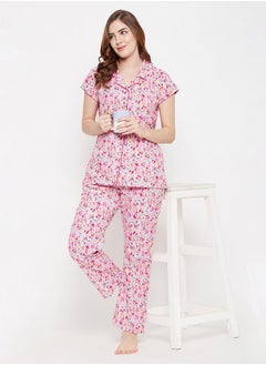 Clovia Cotton Floral Print Button Down Shirt & Pyjama Set by Styli  - Image 2