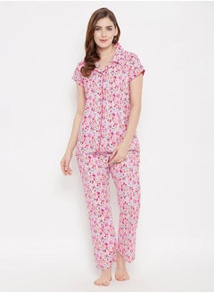 Clovia Cotton Floral Print Button Down Shirt & Pyjama Set by Styli  - Image 1