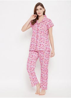 Clovia Cotton Floral Print Button Down Shirt & Pyjama Set by Styli  - Image 3