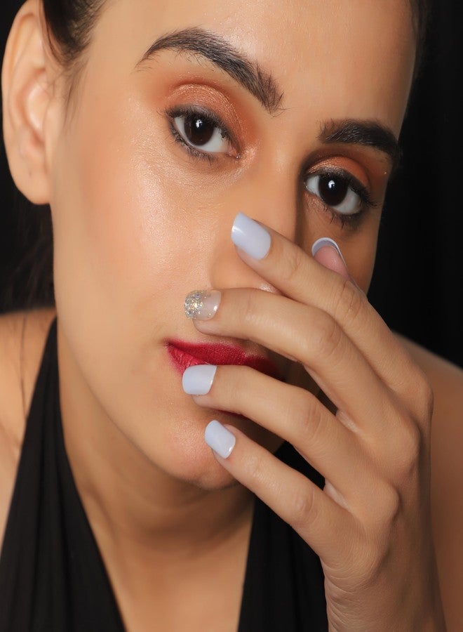 ليك أظافر لاصقة - 30 قطعة من الأظافر الاصطناعية/الأكريليك/الصناعية القابلة لإعادة الاستخدام باللون الأزرق الفاتح مع مجموعة أدوات التطبيق، لامعة شفافة وزرقاء فاتحة (عبوة من 30 قطعة) - Image 5