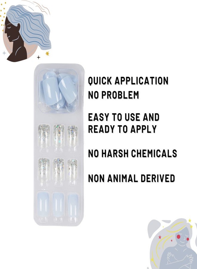ليك أظافر لاصقة - 30 قطعة من الأظافر الاصطناعية/الأكريليك/الصناعية القابلة لإعادة الاستخدام باللون الأزرق الفاتح مع مجموعة أدوات التطبيق، لامعة شفافة وزرقاء فاتحة (عبوة من 30 قطعة) - Image 2