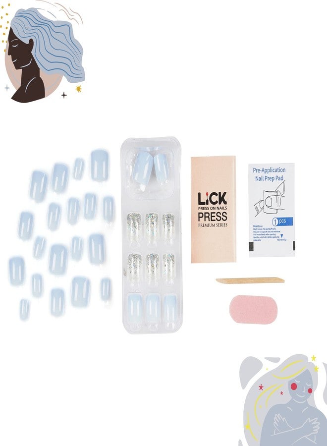 ليك أظافر لاصقة - 30 قطعة من الأظافر الاصطناعية/الأكريليك/الصناعية القابلة لإعادة الاستخدام باللون الأزرق الفاتح مع مجموعة أدوات التطبيق، لامعة شفافة وزرقاء فاتحة (عبوة من 30 قطعة) - Image 3