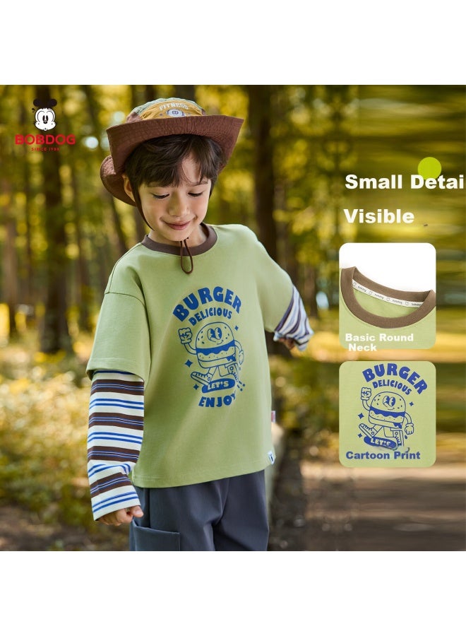 Bobdog Children's Long-sleeve T-shirt, Boys' Pure Cotton Faux Two-piece, Style, Base Layer, Spring And Fall Top, Trendy - Image 2