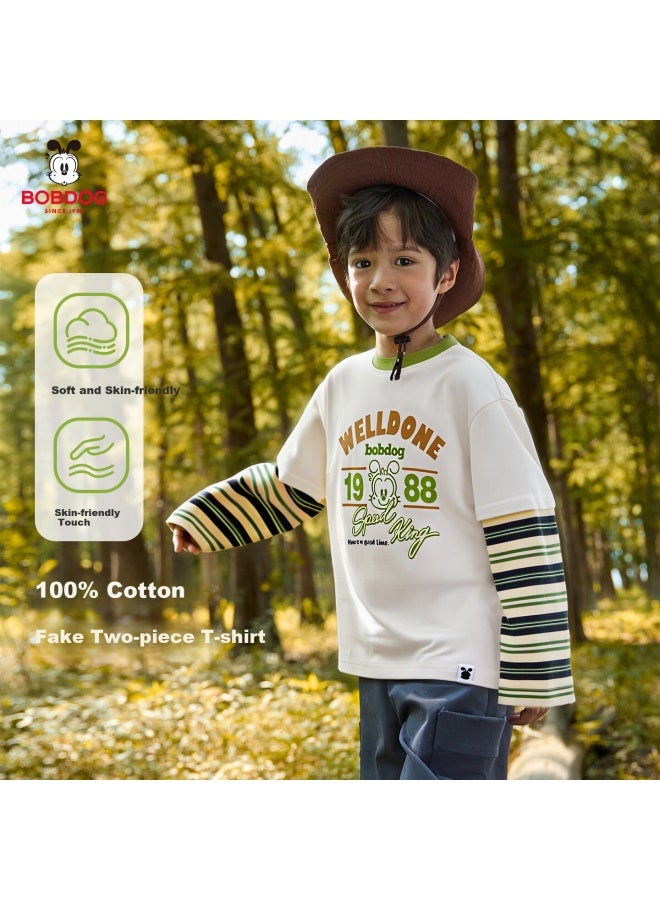 Bobdog Children's Long-sleeve T-shirt, Boys' Pure Cotton Faux Two-piece, Style, Base Layer, Spring And Fall Top, Trendy - Image 1