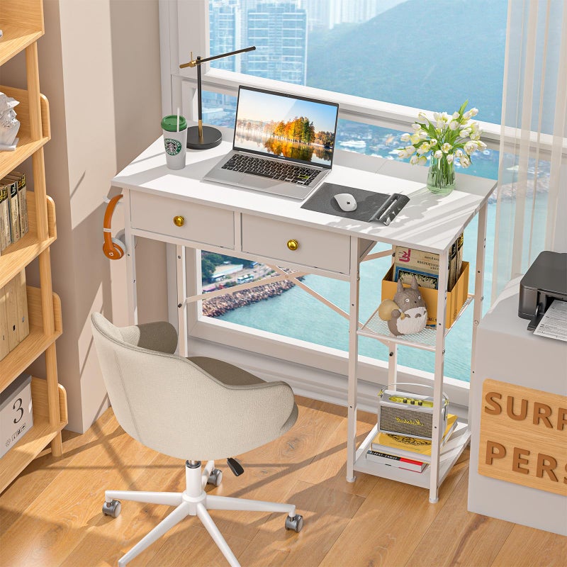 DAOUTIME White Computer Desk, 36 Inch Small Desk with Drawers, Home Office Desk with Storage Shelves for Bedroom, Living Room, Dorm, Vanity Desk for Small Spaces, White - Image 3