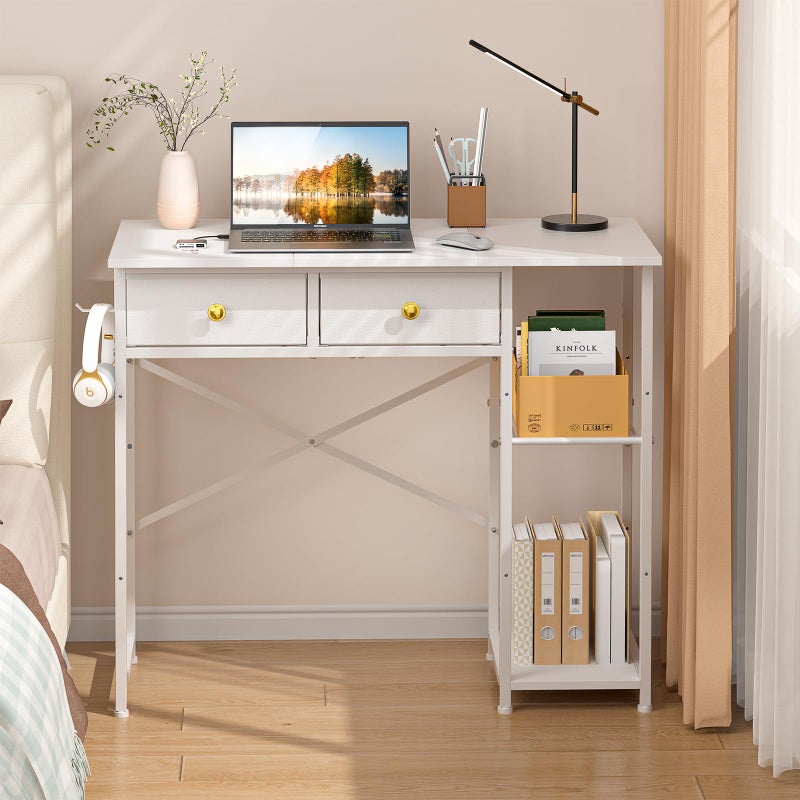 DAOUTIME White Computer Desk, 36 Inch Small Desk with Drawers, Home Office Desk with Storage Shelves for Bedroom, Living Room, Dorm, Vanity Desk for Small Spaces, White - Image 1