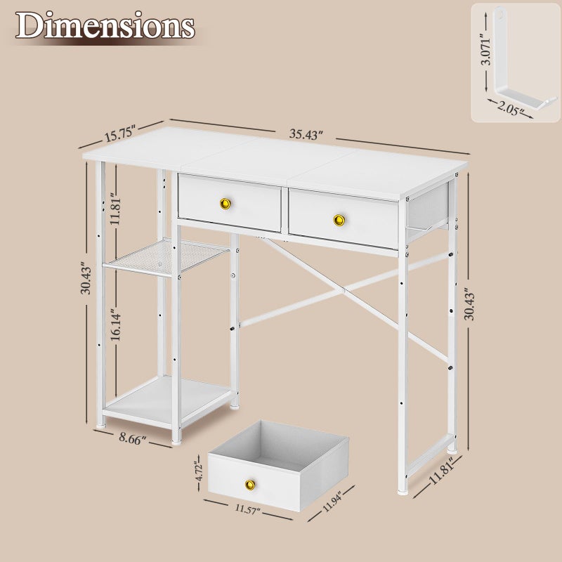 DAOUTIME White Computer Desk, 36 Inch Small Desk with Drawers, Home Office Desk with Storage Shelves for Bedroom, Living Room, Dorm, Vanity Desk for Small Spaces, White - Image 2