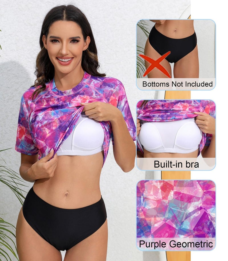 Halcurt Women's Short Sleeve Rash Guard Swimsuit Top with Built in Bra Swim Shirt UPF50+ Quick Dry Bathing Suit Purple Geometric 2XL - Image 5