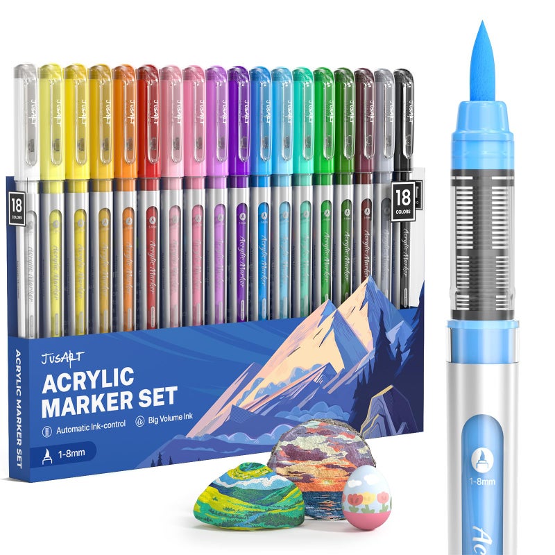 JusArt Acrylic Paint Markers Brush Tip 18 Colors, Water-Based No-Bleed Markers with Automatic Ink Control, Waterproof Acrylic Paint Pens for DIY Art & Crafts -Eggs, Fabric, Rock, Glass, Ceramic, Metal - Image 1