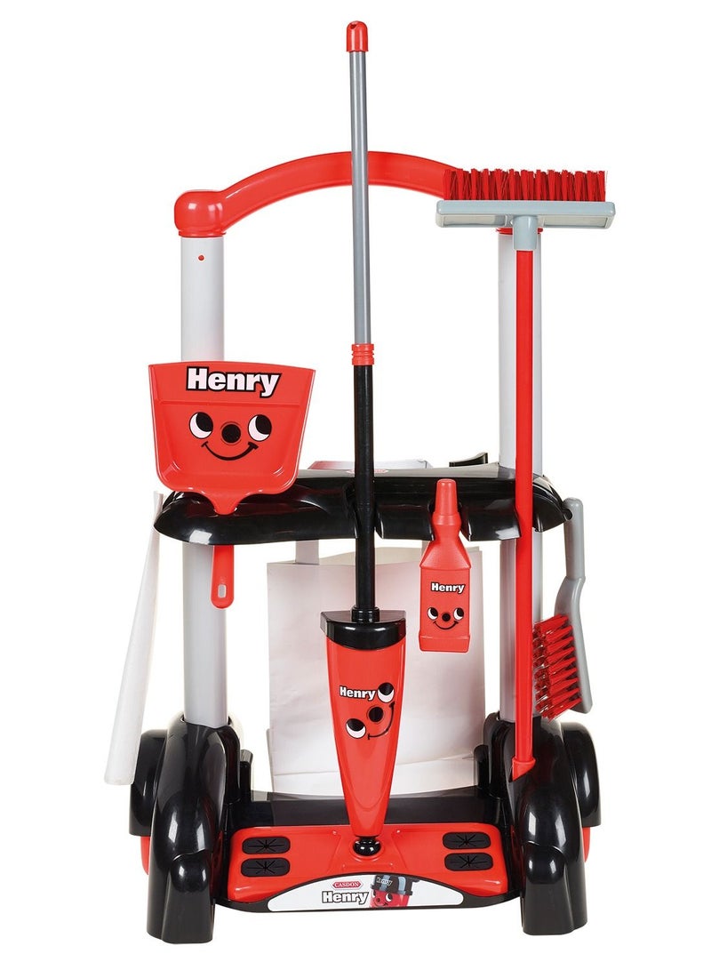 Casdon - Henry Cleaning Trolley: Red toy playset with cleaning tools. Ages 3+ - Image 1
