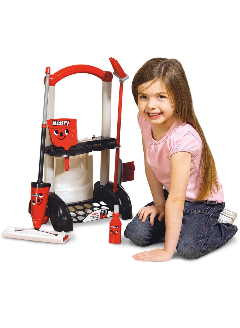 Casdon - Henry Cleaning Trolley: Red toy playset with cleaning tools. Ages 3+ - Image 2