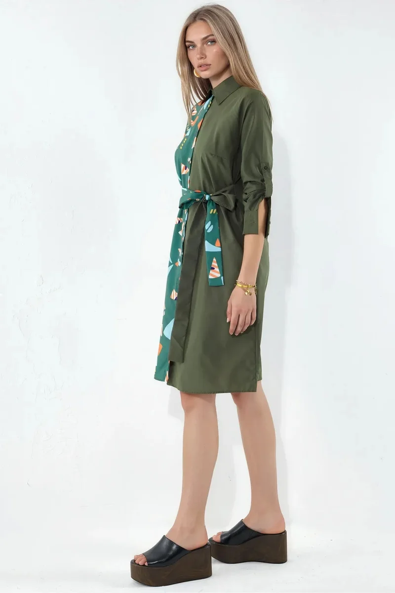 جينيفر Printed Mini Shirt Dress With Tie Detail