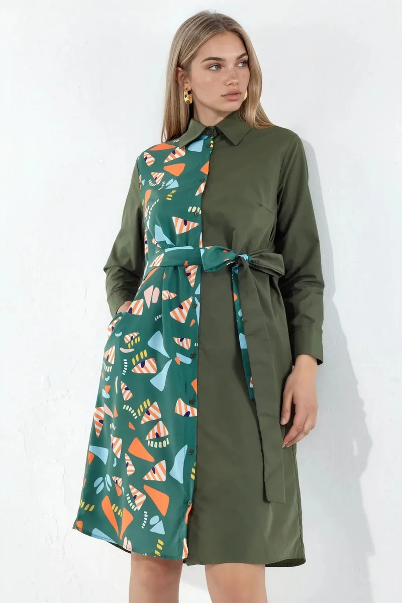 جينيفر Printed Mini Shirt Dress With Tie Detail