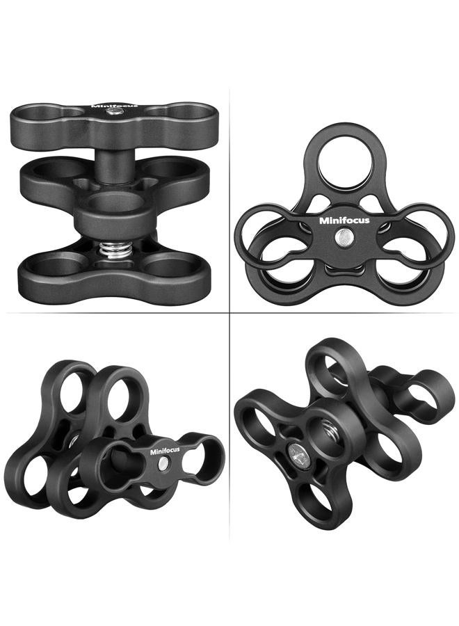MINIFOCUS 2 قطع 1 بوصة مشبك كروي ثلاثي الثقوب من الألمنيوم لنظام أذرع الإضاءة تحت الماء، كاميرا الغوص الفوتوغرافية، مشبك 360° لكاميرا GoPro، نظام أذرع المصباح اليدوي - Image 4