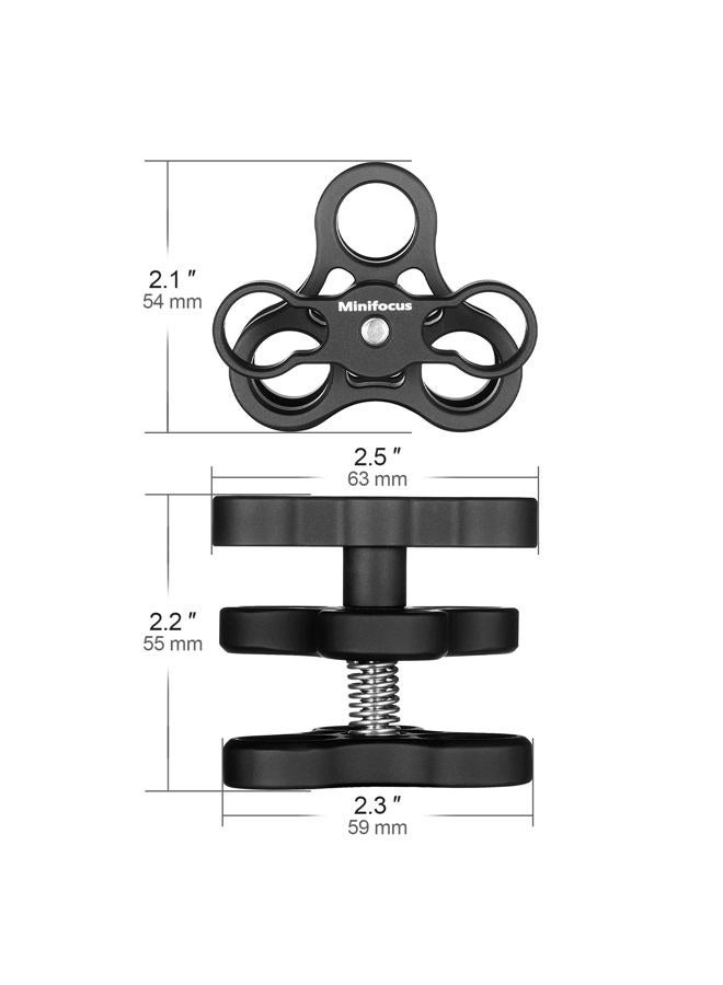 MINIFOCUS 2 قطع 1 بوصة مشبك كروي ثلاثي الثقوب من الألمنيوم لنظام أذرع الإضاءة تحت الماء، كاميرا الغوص الفوتوغرافية، مشبك 360° لكاميرا GoPro، نظام أذرع المصباح اليدوي - Image 3