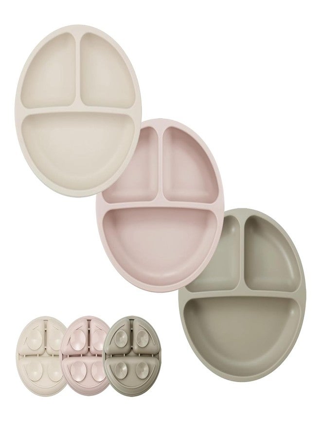 PandaEar 3 Pack Toddler Plates, Divided Suction Silicone Baby and Toddler Plates,Non-Slip - Dishwasher and Microwave Safe (Brown Tea Flax) - Image 1