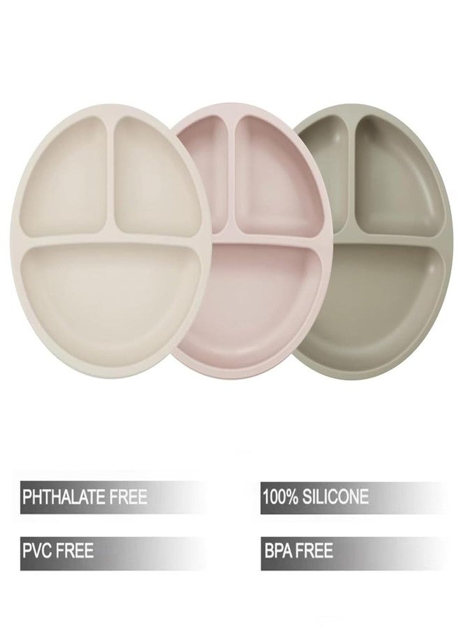 PandaEar 3 Pack Toddler Plates, Divided Suction Silicone Baby and Toddler Plates,Non-Slip - Dishwasher and Microwave Safe (Brown Tea Flax) - Image 2