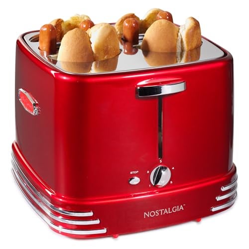 Nostalgia 4 Slot Hot Dog and Bun Toaster with Mini Tongs, Hot Dog Toaster Works with Chicken, Turkey, Veggie Links, Sausages and Brats, Metallic Red - Image 1