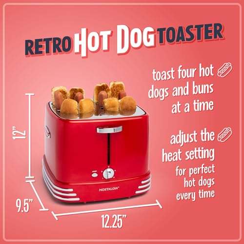 Nostalgia 4 Slot Hot Dog and Bun Toaster with Mini Tongs, Hot Dog Toaster Works with Chicken, Turkey, Veggie Links, Sausages and Brats, Metallic Red - Image 2