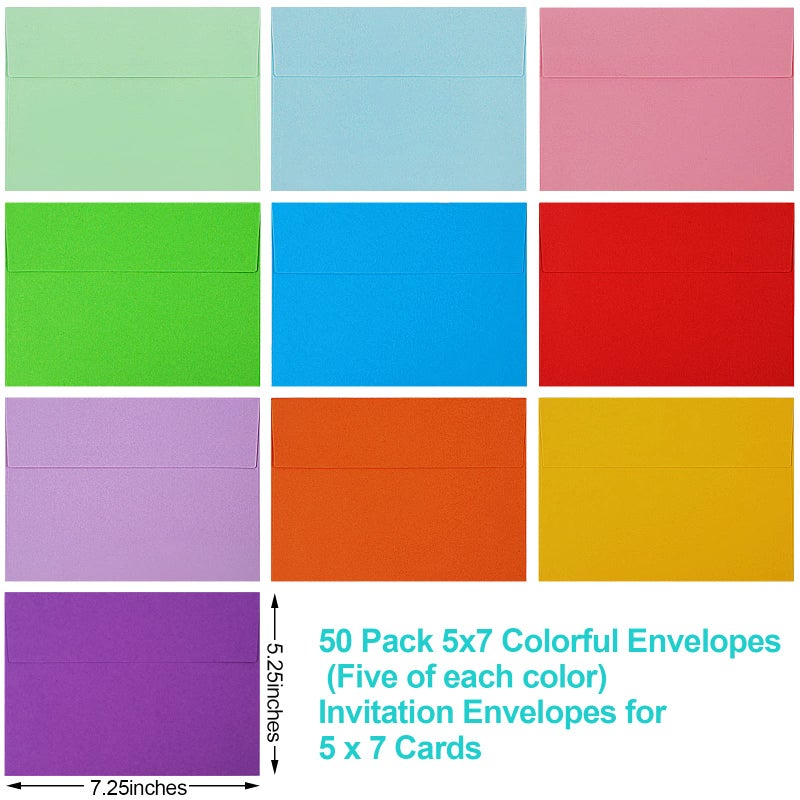 Joyberg 50 Pack Colored Envelope, 5x7 Envelopes, A7 Envelopes for Invitations, Printable Invitation Envelope for Weddings, Invitations, Photos, Postcards, Greeting Cards, Mailing - Image 2