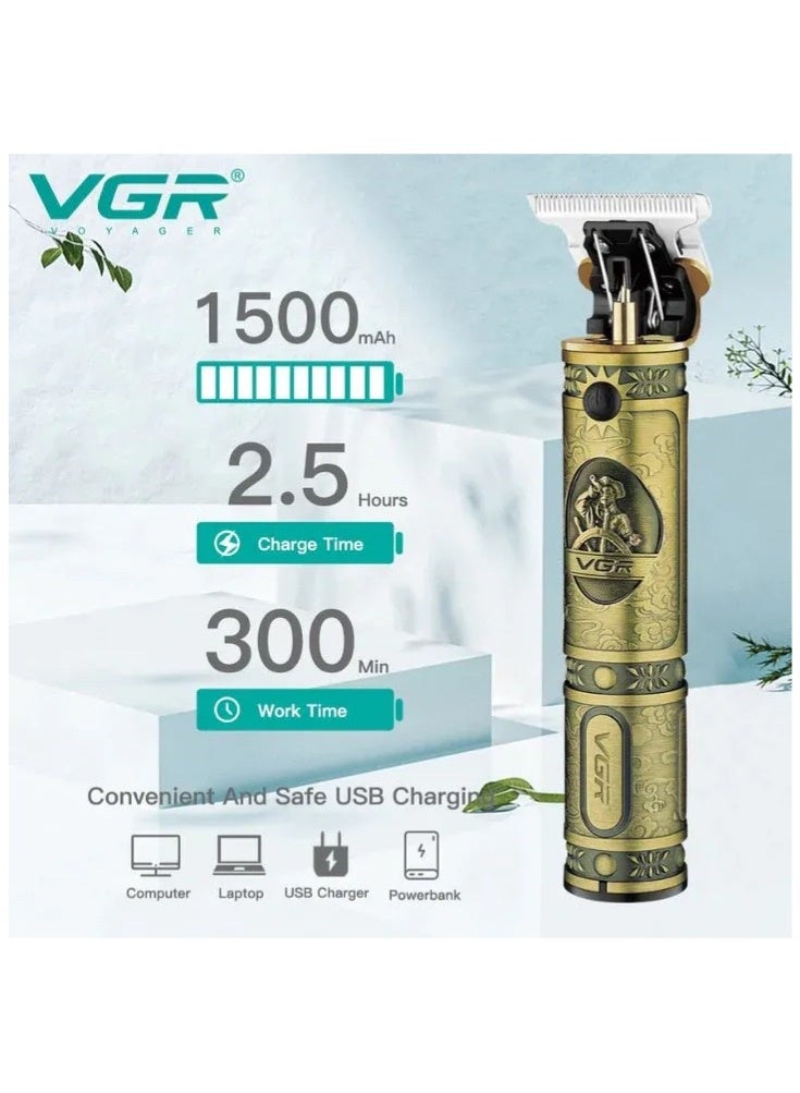 VGR V-085 Professional Hair Trimmer – Vintage Gold Metal Body, T-Blade Zero Gapped, Cordless & Rechargeable, 300 Mins Runtime. gold - Image 4