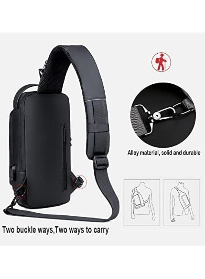 Anti theft Crossbody Sling bag, Shoulder Backpack, Lightweight Chest Daypack with USB Charging Port, Fit for 9.7'' iPad, black