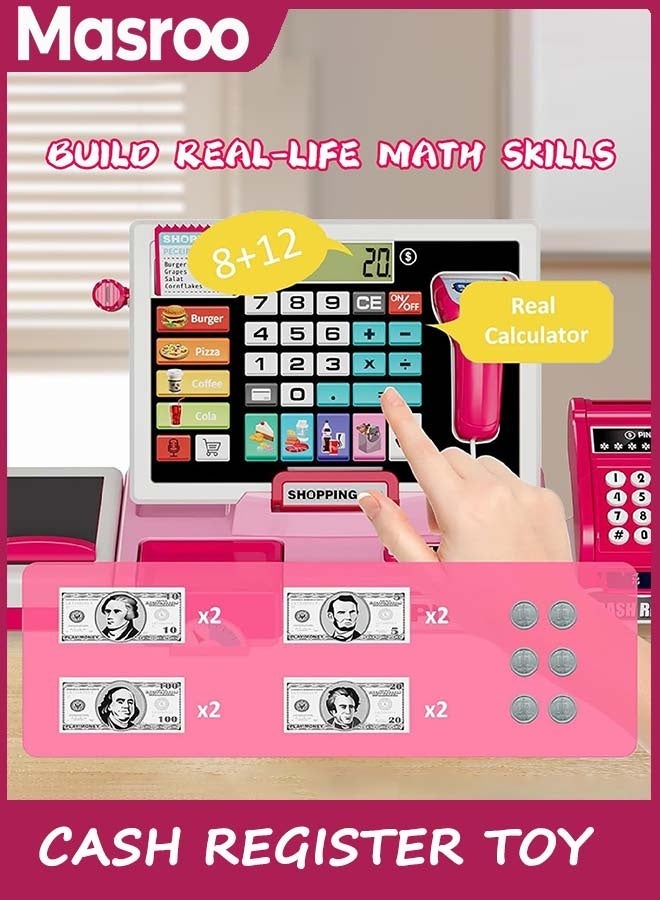 ماسرو تسجيل نقدية لعبة Playset للأطفال ، تسجيل آلة حاسبة حقيقية ، تتظاهر بلعب متجر مع الموسيقى ، الماسح الضوئي ، تلعب المال ، الطعام ، لعبة التعلم قبل المدرسة لعبة Playset هدية للطفل الصغير فتاة (الوردي) - Image 4