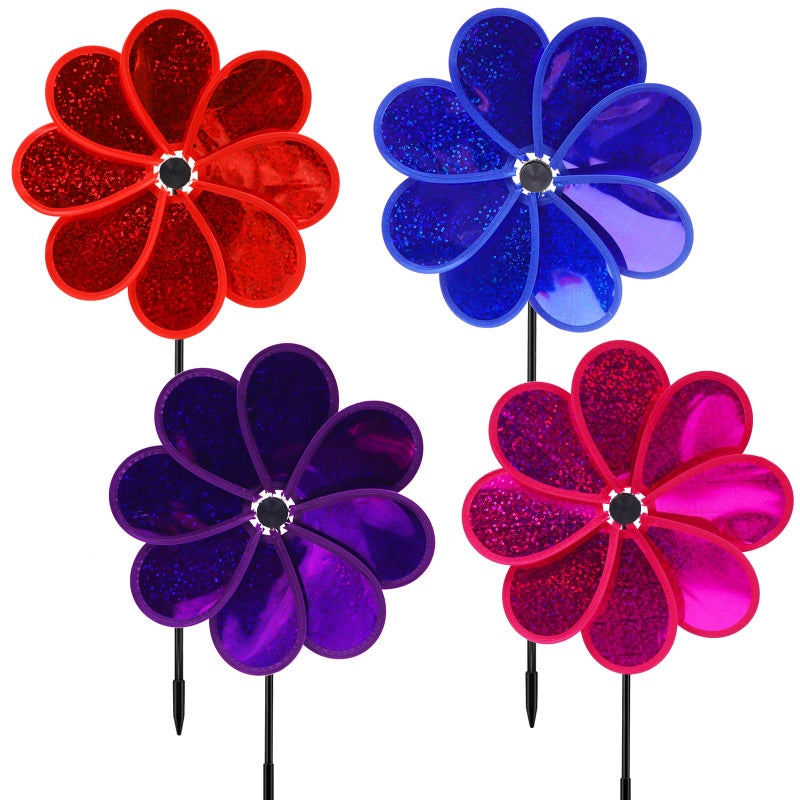 timecity 4PCS Flower Wind Spinner Sparkly Lawn Pinwheel 118 inch Colorful Rainbow Garden Windmill for Garden Party Outdoor Yard Decor - Image 2