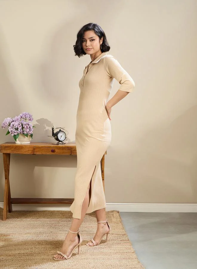 SASSAFRAS Sassafras Beige Ribbed Polo Neck Midi Dress