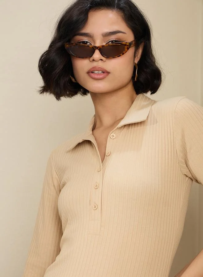 SASSAFRAS Sassafras Beige Ribbed Polo Neck Midi Dress