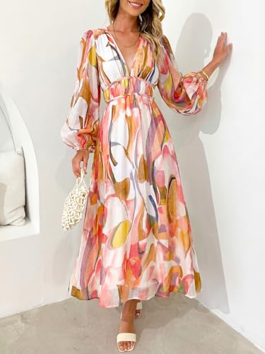 Maxigerui Women's Long Sleeve Floral Maxi Dress 2026 Spring Summer Wedding Guest Dress Pink Watercolor XL - Image 4