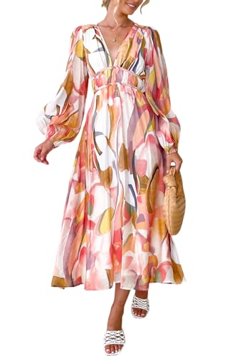 Maxigerui Women's Long Sleeve Floral Maxi Dress 2026 Spring Summer Wedding Guest Dress Pink Watercolor XL - Image 1