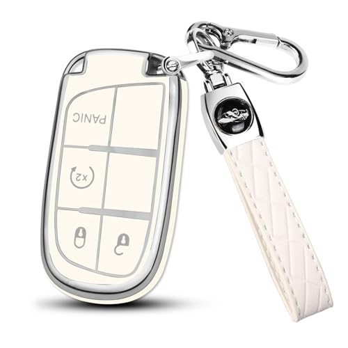 FT FUNTOR for Jeep Key Fob Cover4 Buttons TPU Full Protection Case with Silver EdgeCompatible with Jeep Grand Cherokee Compass Renegade Dodge Charger Dart Durango Journey RAM Chrysler B4White - Image 1