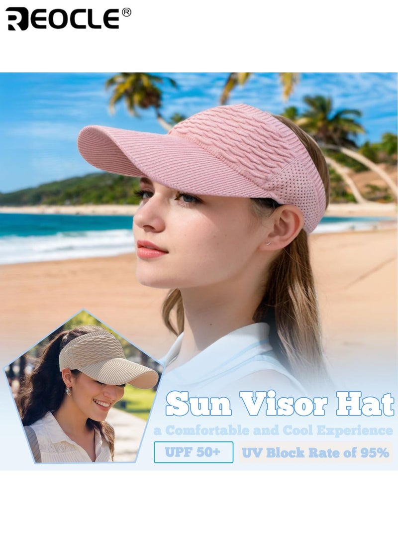 REOCLE Women's Sun Visor Hat UV Protection Summer Headwear Foldable Sun Hat Comfortable and Breathable Cap Straw Knit Empty Top Cap for Outdoor Beach Travel - Image 2