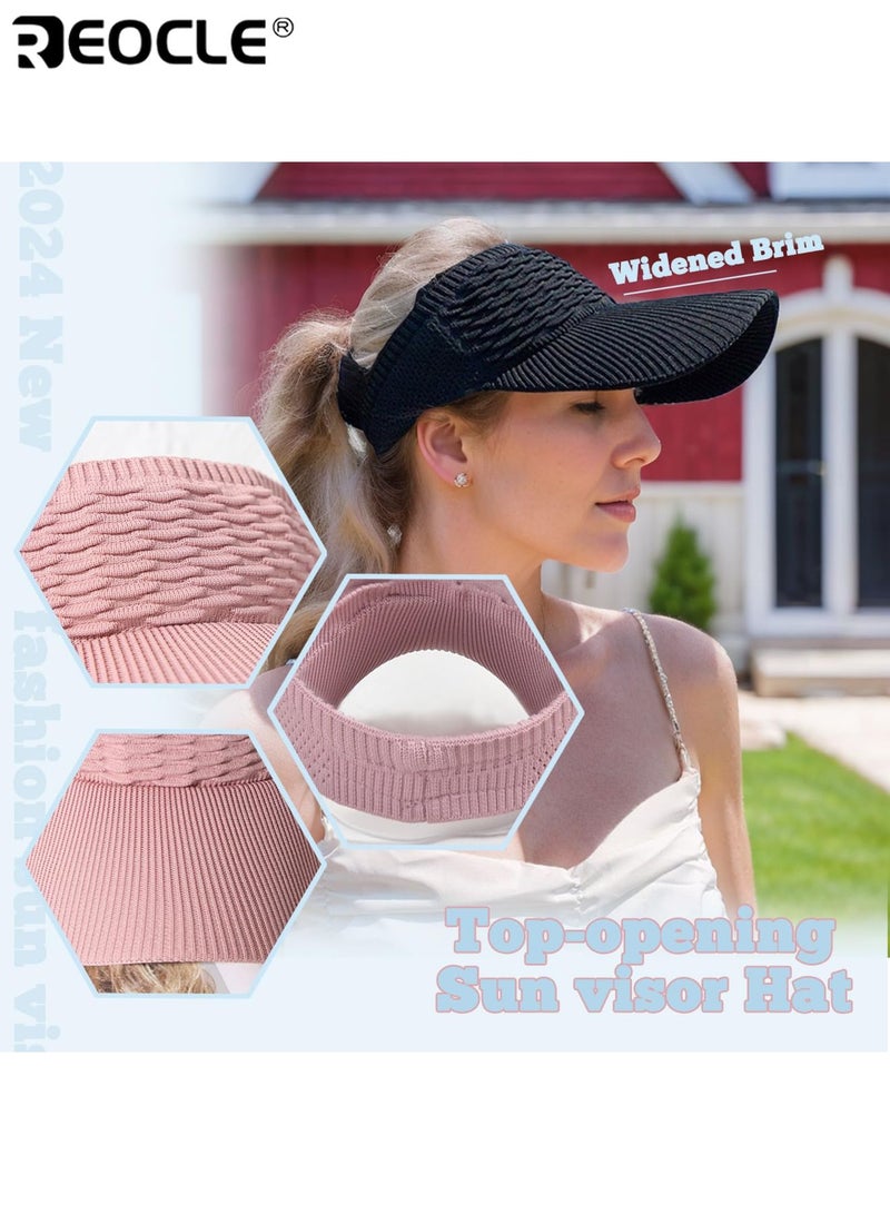 REOCLE Women's Sun Visor Hat UV Protection Summer Headwear Foldable Sun Hat Comfortable and Breathable Cap Straw Knit Empty Top Cap for Outdoor Beach Travel - Image 3